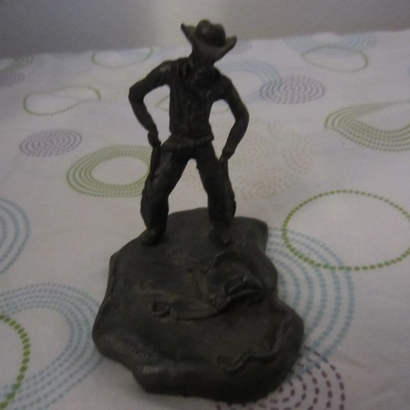 VINTAGE STEEL WESTERN-AMERICAN COWBOY WITH SADDLE & SNAKE STATUE - Picture 1 of 14